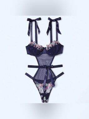 NWT Victoria's Secret Noir Navy Blue Wicked Bejeweled Teddy with Ribbon Straps M